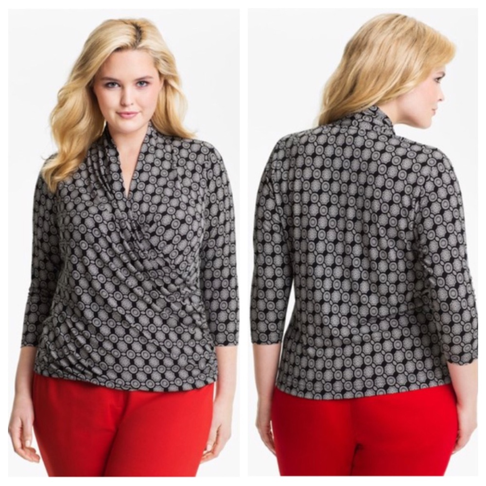 Vince Camuto Black and White Printed Faux Wrap Blouse